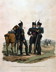 Colnaghi undによって発行されたJCスタドラーによって刻まれた「1812年の最後の規則によると大英帝国の陸軍の衣装」からのブランズウィックエルス軍団の騎兵と歩兵